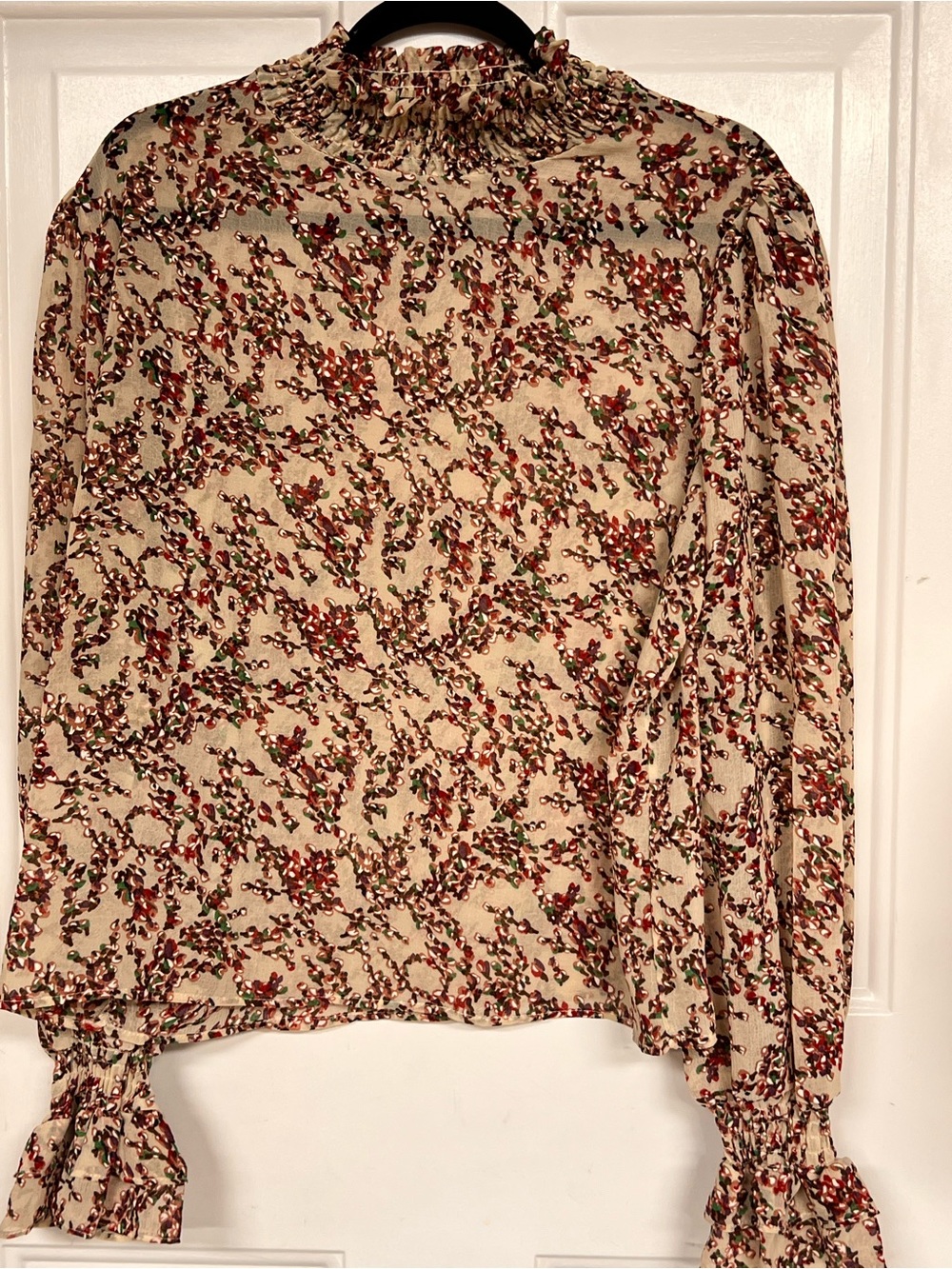 Smocked Neck Cream Floral Blouse with Long Sleeves